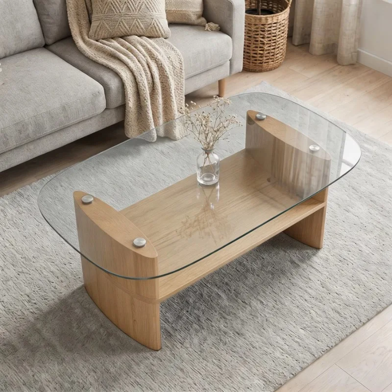 Oval tempered glass coffee table with two-layer storage rack curved wooden frame coffee table