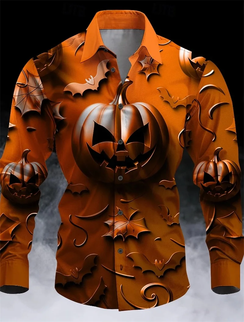 Men's Pumpkin Graphic Button Down Shirt 3d Printing Halloween Theme Long Sleeves Tee Shorts Mens Casual Oversized Blouse Tops