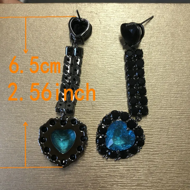 Bilincolor Fashion Long Black Zirconia and Blue Heart Earring for Women
