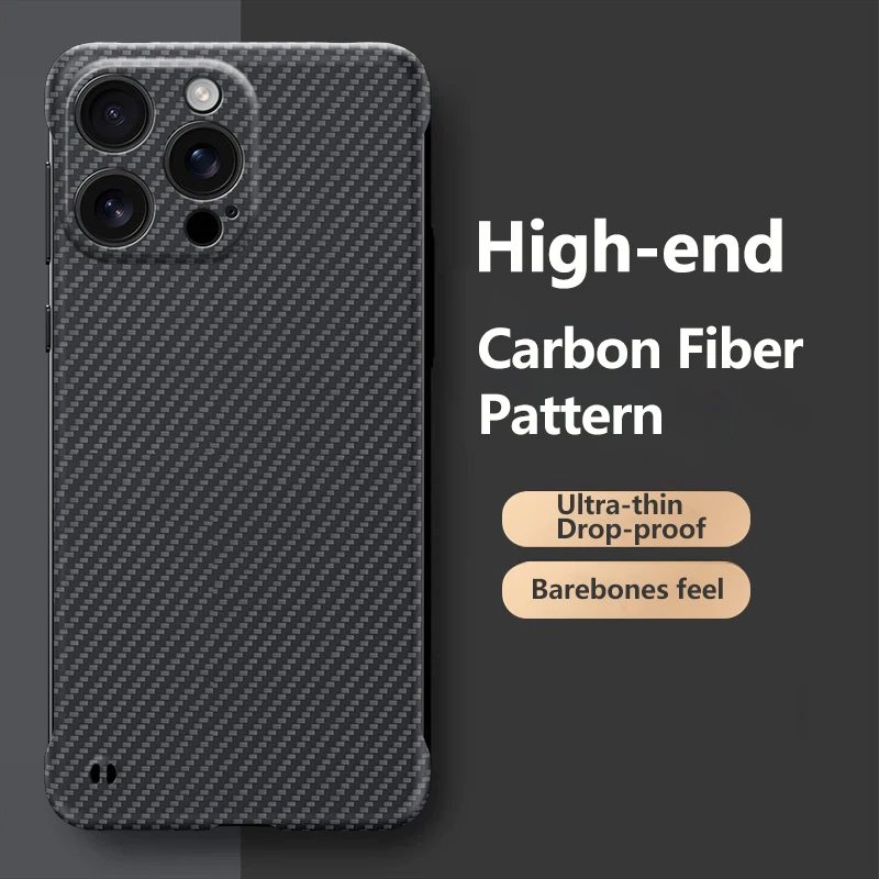 Funda de fibra de carbono para Iphone 16 15 Pro Max 14 13 12Patrón de textura: Sin marco, ultraligero y ligero, con lente todo incluido, funda para teléfono