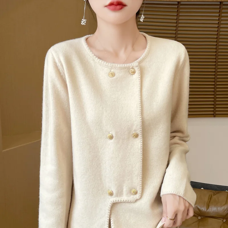 100% pure wool knitted cardigan, O-neck women's sweater, stylish and exquisite women's long sleeved jacket, wool sweater new