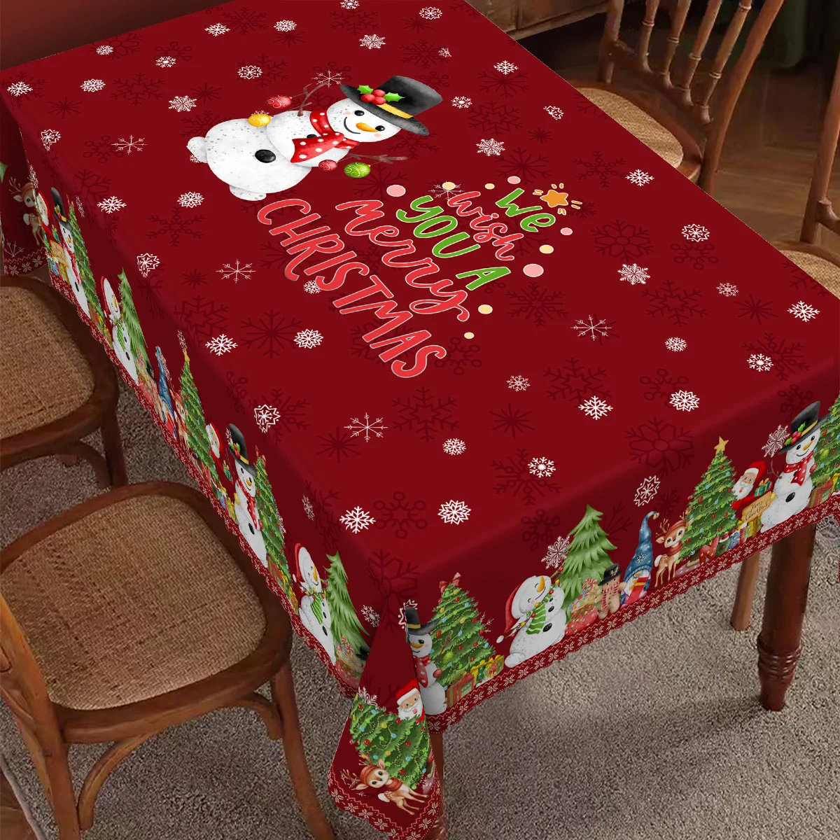 1 Piece, Christmas Printed Polyester Tablecloth + 4 Self-Adhesive Stickers, Snowman, Christmas Tree, Santa Claus Pattern Print, Embossed Edges, Suitable for Home Kitchen, Living Room Dining Table, Balcony Coffee Table, Holiday Party Holiday Table Decoration Tablecloth, Outdoor Picnic Decoration, Coffee Table Tablecloth Table Cover, Perfect Holiday Gift, Autumn and Winter Tablecloth Decoration, Christmas Decorative Tablecloth - T006