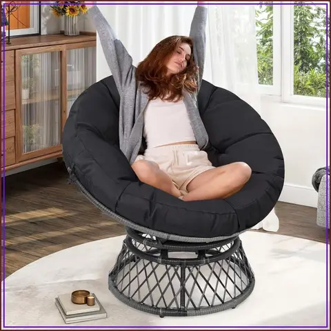 40 Inch Ergonomic Wicker Papasan Chair, Grey Frame with Black Cushion