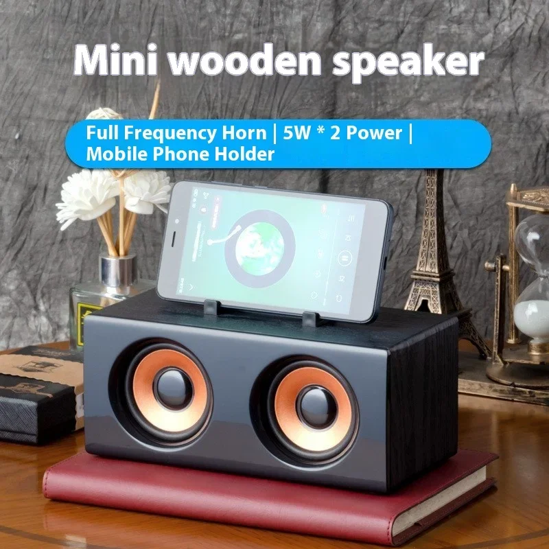 Wireless Bluetooth Speaker: Wooden Retro Portable Mini Full-Range Speaker with Phone Holder for Multimedia Surround Sound