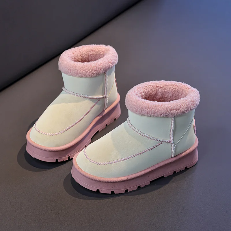 أحذية الثلوج حذاء من الجلد حذاء مسطح القطن موضة الشتاء أحذية للفتيات المضادة للانزلاق سميكة القاع الدافئة الأصفر الوردي الأحذية حجم 32-40 #2
