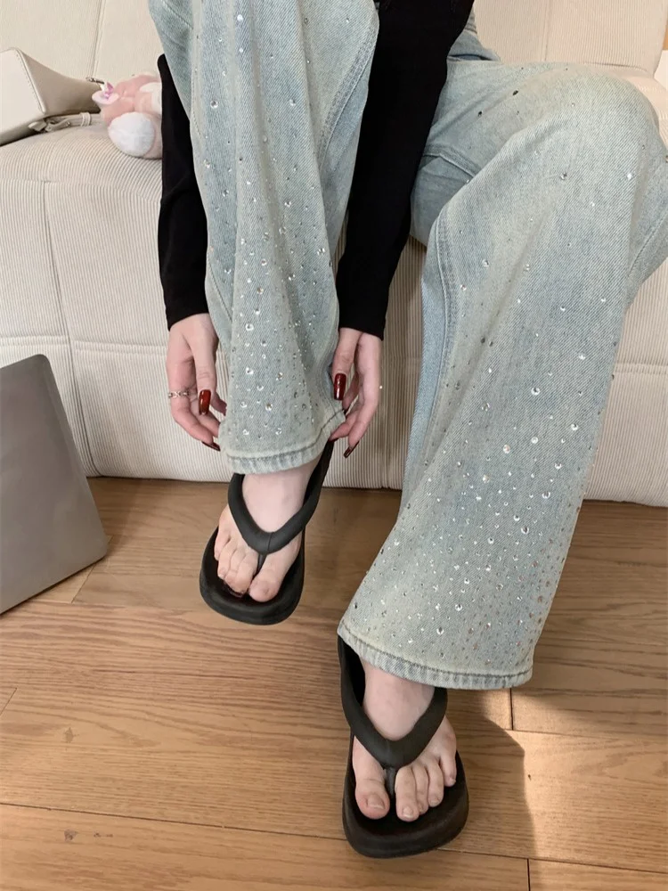 미국 스타일 하이웨이스트 와이드 레그 진 여성용 가을 겨울 신상 플러스 사이즈 슬림핏 스트레이트 롱 팬츠 라인스톤 디자인