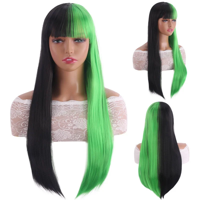 

Women's Black Green Dual Tone Bangs Ladies Long Straight Wig