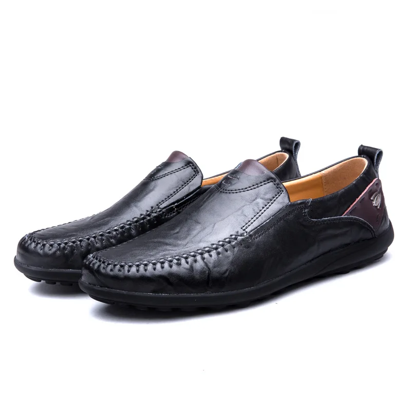Black/Brown/Yellow Round Toe Leather Shoes Men Fashion Sewing Flat Heels Outdoors Casual Slip-on Driving Shoes Plus Size 38-48