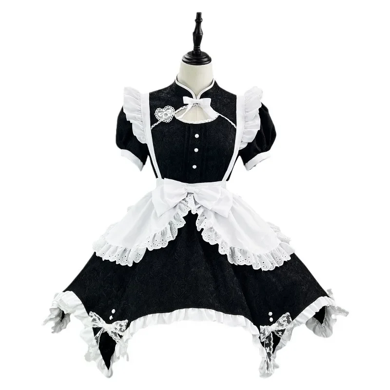 Vestido Cheongsam Retro chino para mujer, gótico, Lolita, encaje blanco y negro, dulce hueco, disfraces de sirvienta de Halloween, uniforme de fiesta AA
