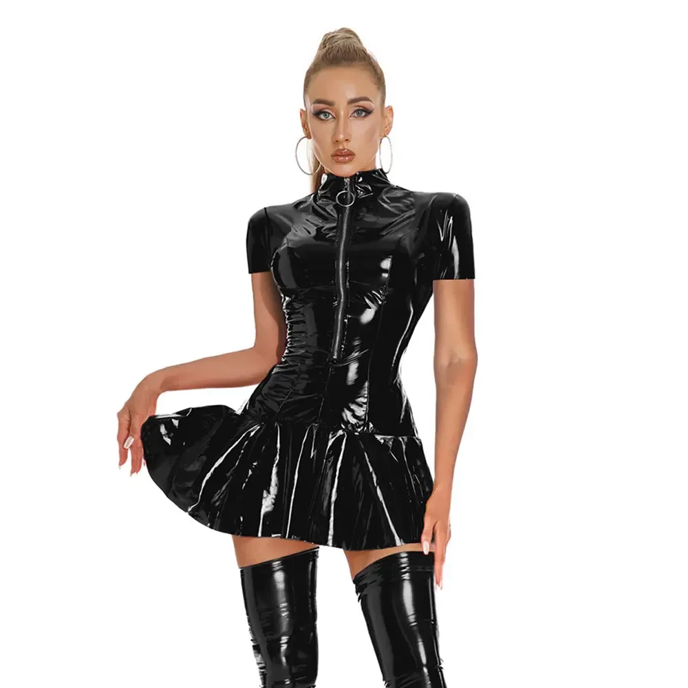 Ladies Stand Collar Slim PVC Dress Sexy Faux Latex Bodycon Dress Women Long Sleeve PU Leather Mini Dress Zipper Clubwear Costume