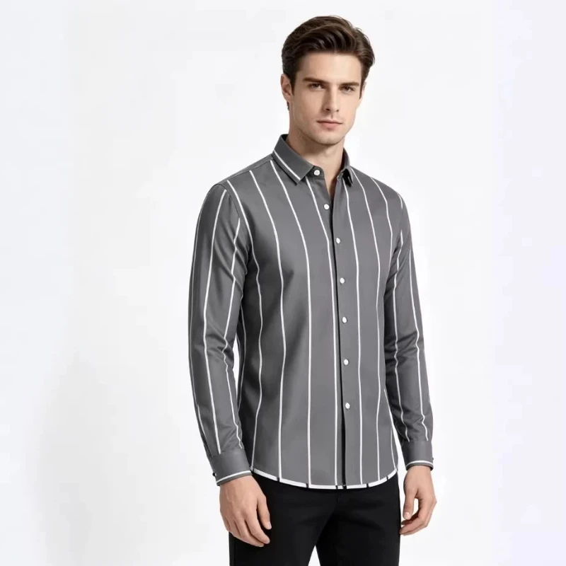 Men Vertical Striped Long Sleeve Shirt Slim Fit Casual Fashion Large Size European American Style