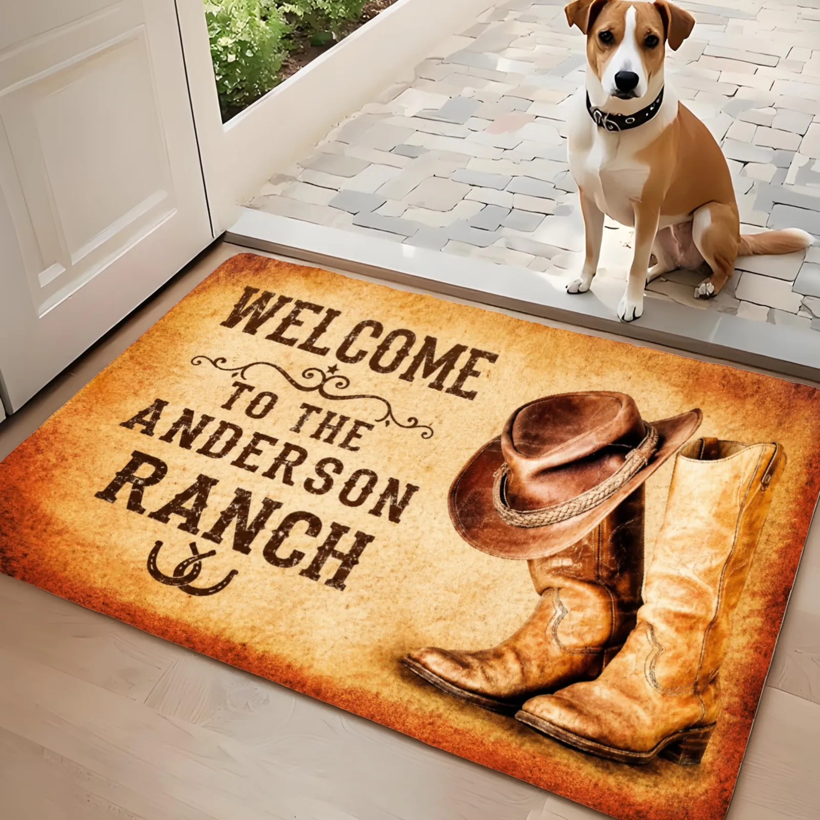 3PCS Kitchen Rugs,Home Decoration for Front Door,Kitchen,Bathroom,Welcome To The Ranch With Cowboy Hat And Boots Dining Mat