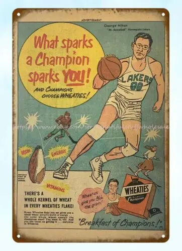 cafe  pub wall art bedroom 1951 Wheaties GEORGE MIKAN  metal tin sign