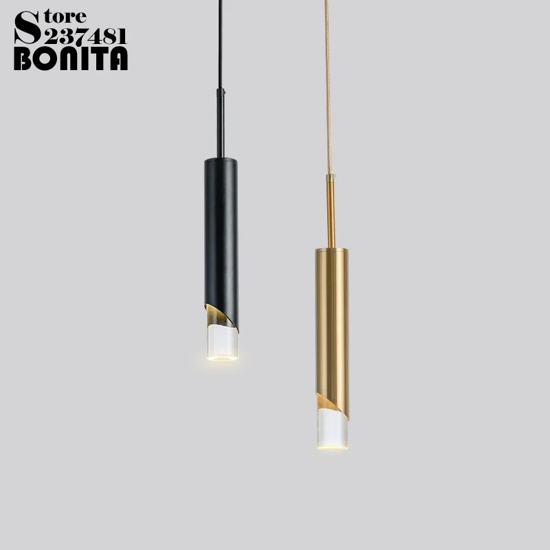 

Nordic dining room bedside small droplight loft Copper Acrylic Cylindrical LED hanging lamp long tube crystal cord pendant light