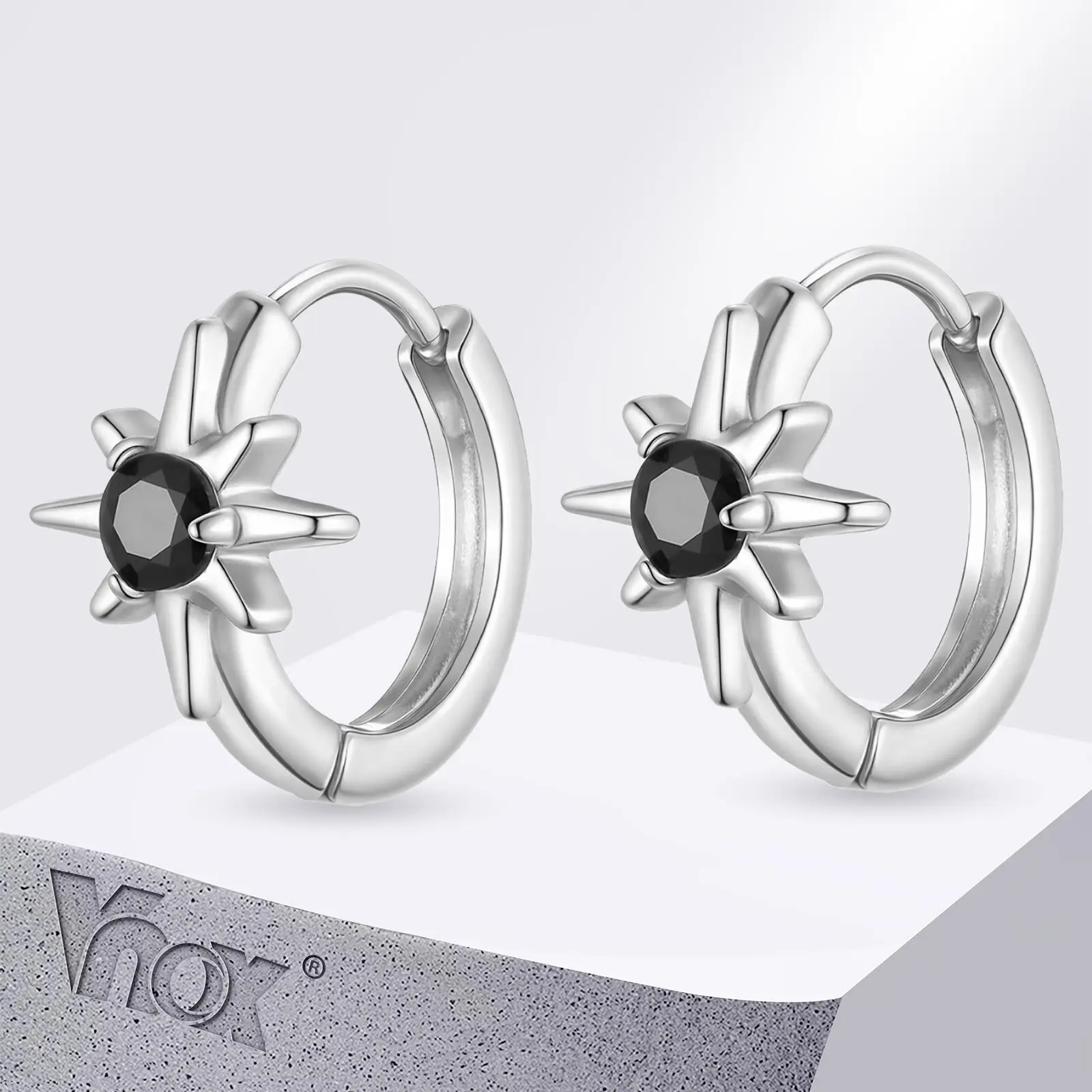VNOX Pendientes de acero inoxidable para hombre Pendientes de aro con octagrama de circonita negra ‌ para el mejor amigo, regalo del día del padre, joyería de 15 mm de ancho