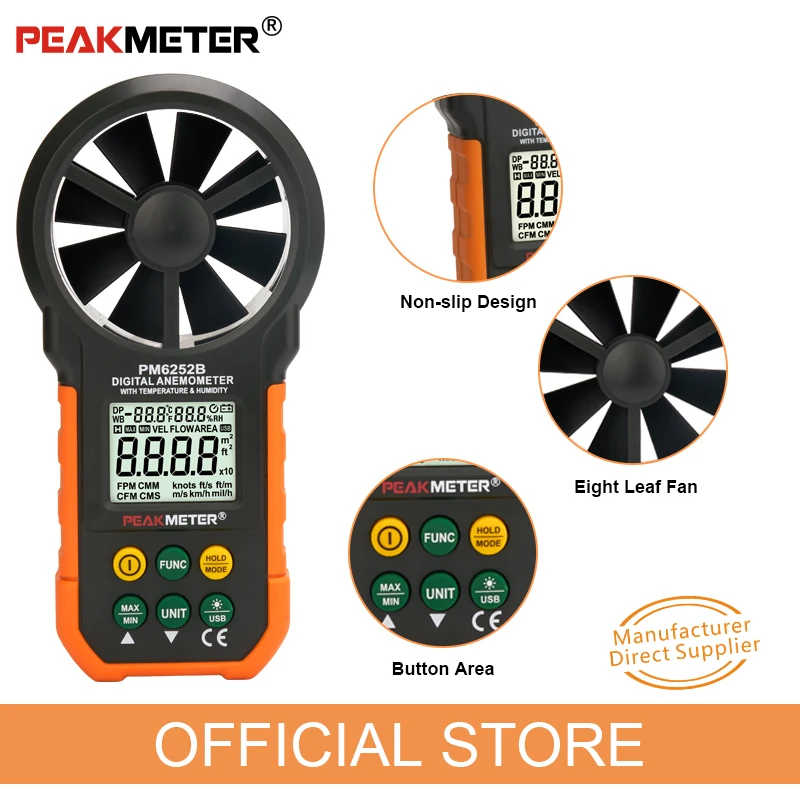 PEAKMETER PM6252B anemometr cyfrowy precyzyjny ręczny wiatromierz miernik prędkości wiatru prędkość wiatru, temperatura i wilgotność