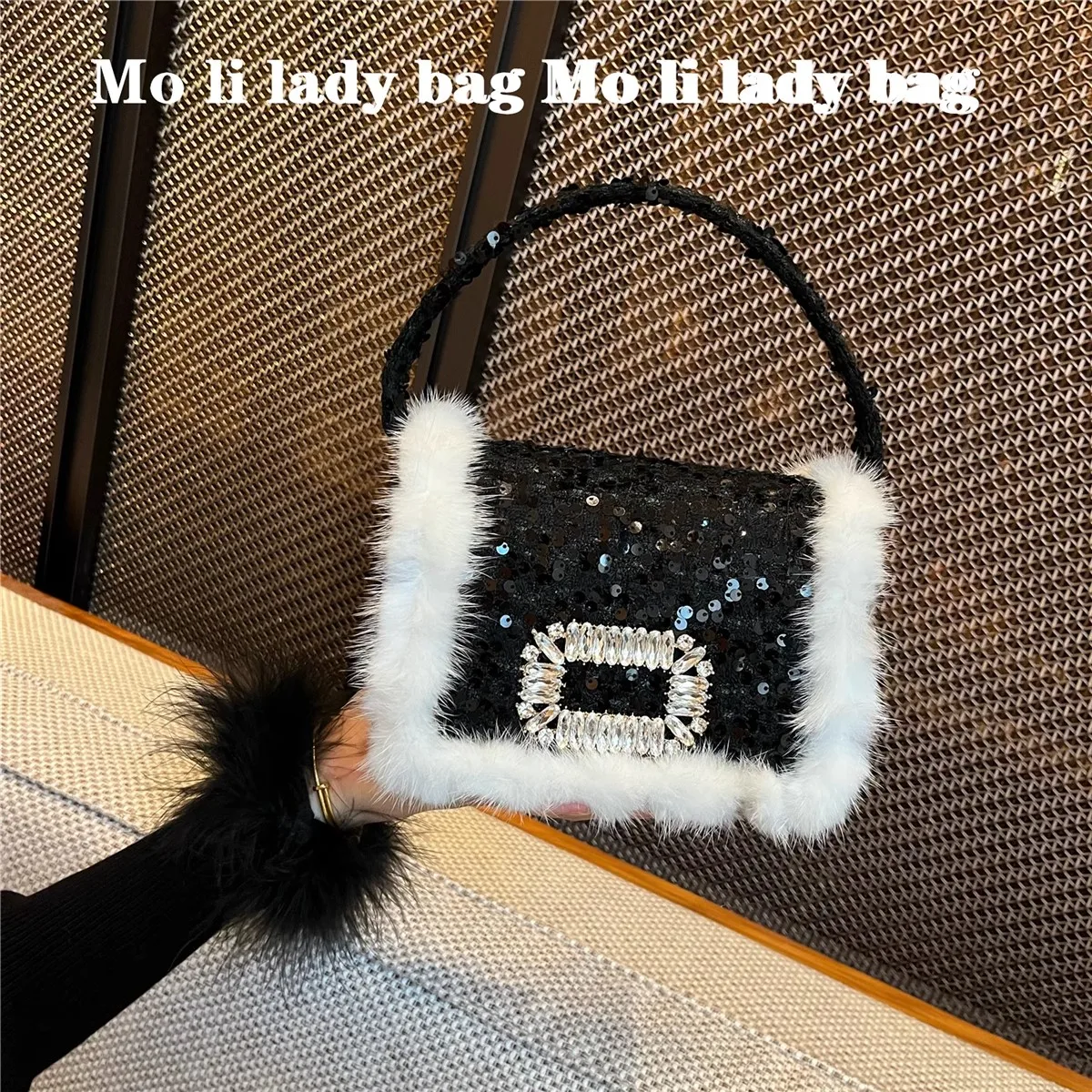 

Mink Hair Square Bag Fashion Sequins Women's Handbag Glitter Shiny Diamonds Evening Bag Wedding Party Clutch Purse Messenger Bag