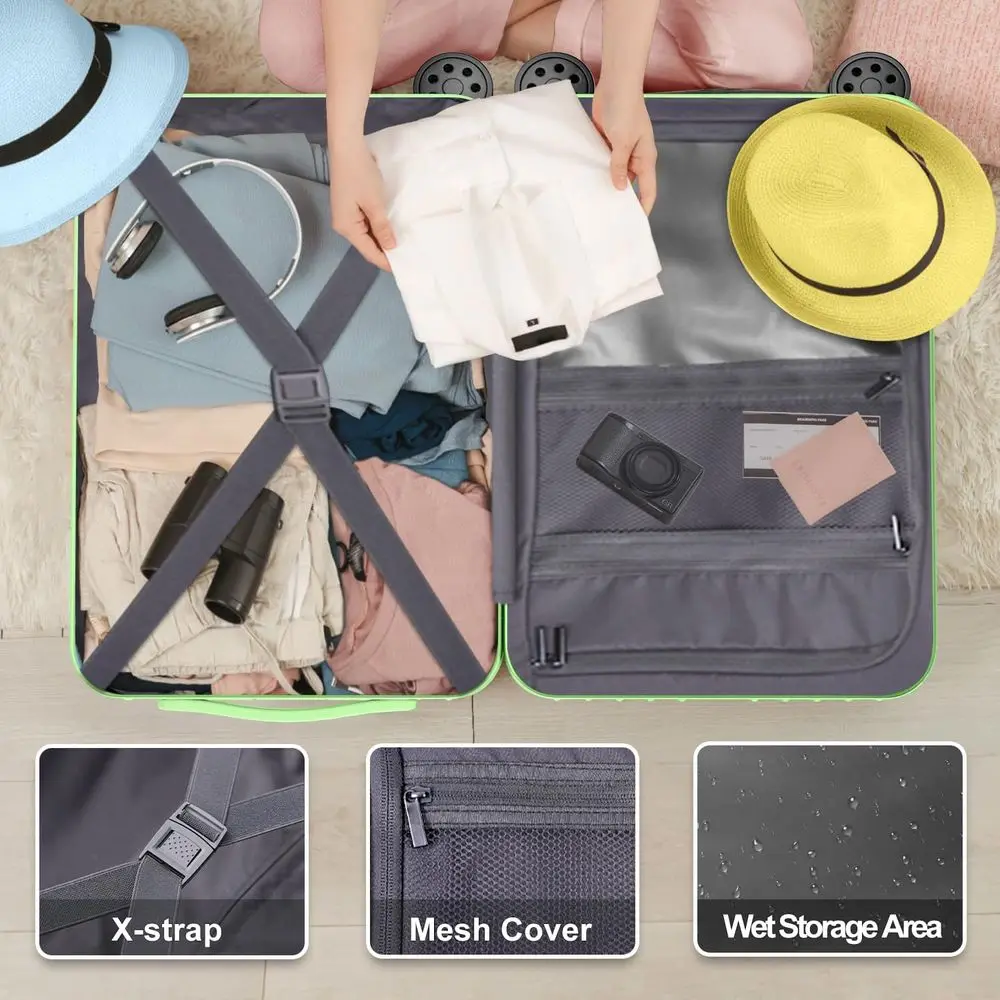 طقم حقيبة دوارة مكون من قطعتين مع غلاف صلب PC+ABS وقفل TSA ومنفذ شحن وحامل أكواب - 20 و28 حقيبة حمل