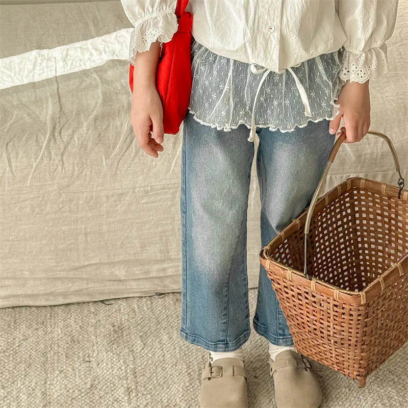 

2025 Spring New Children Denim Trousers Solid Baby Girls Versatile Jeans + Gauze Skirts 2pcs Suit Fashion Kids Casual Pants