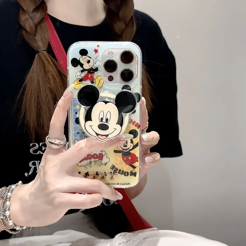 Funny Cute Disney Mickey Mouse Magnetic Holder Magsafe Wireless Charge Phone Case For iPhone 15 14 13 12 Pro Max Hard Cover