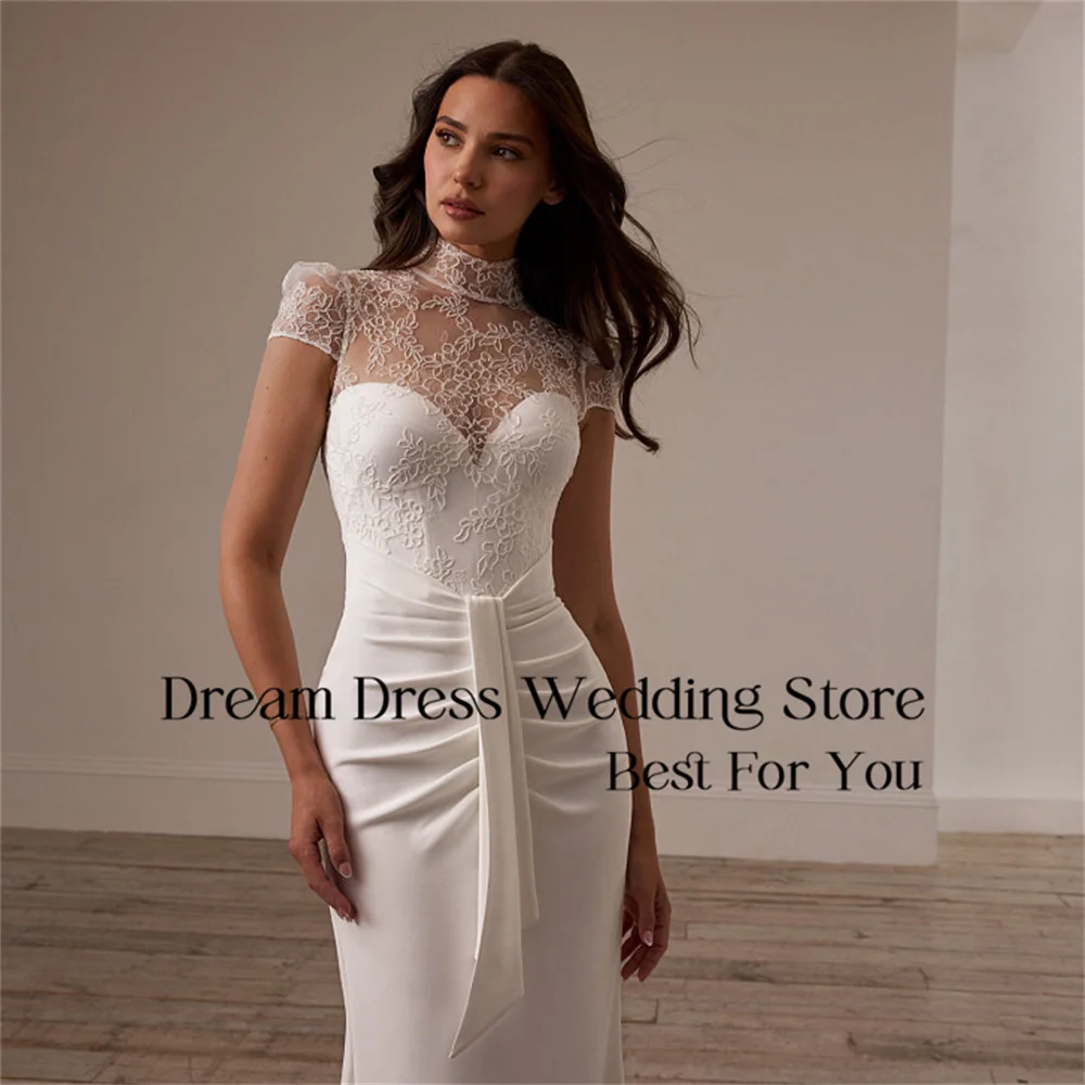 Classic Mermaid Lace Wedding Dress 2025 High Collar Pleat Illusion Back Applique Bridal Gown Train Vestidos De Novia Customized