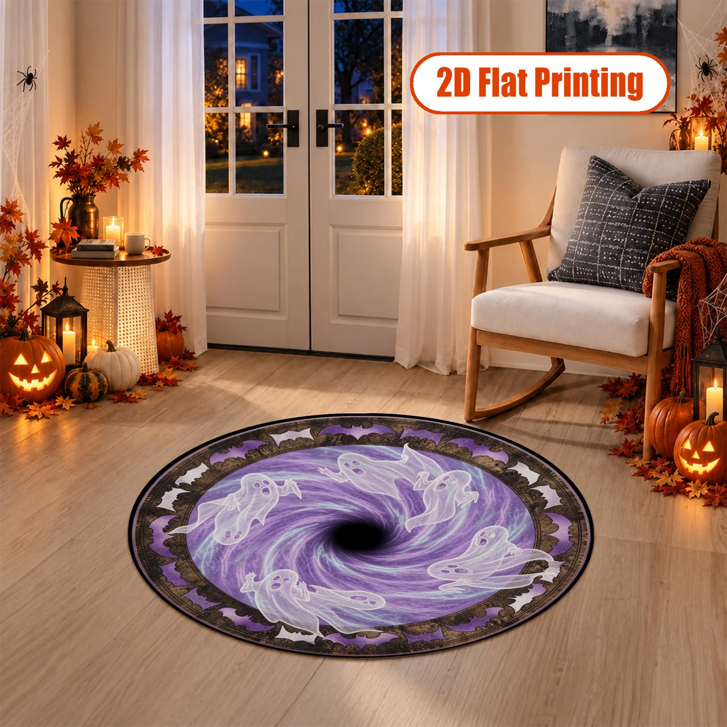 Spooky Ghost Bat Pattern Round Velvet Rug, Machine Washable, Stable Grip for Living Room, Bedroom, Entryway, Dining Space, Ideal for Halloween, Thanksgiving, Christmas, New Year, Black Friday, Cyber Monday