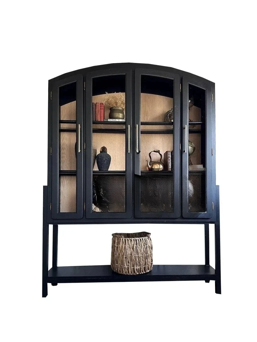 French retro wine cabinet solid wood wall display cabinet living room locker arched partition side cabinet