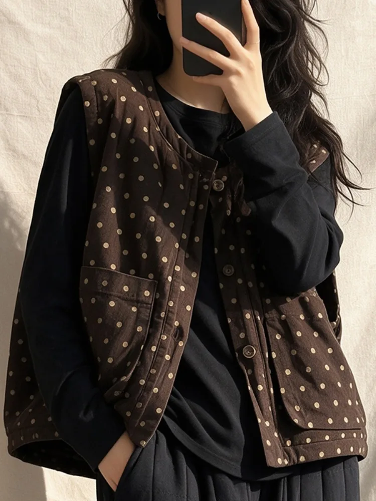Polka Dot Cotton Vest Women's Short Sleeveless Jacket Casual Style Home Wear Thickened Warm round Neck Button up Top