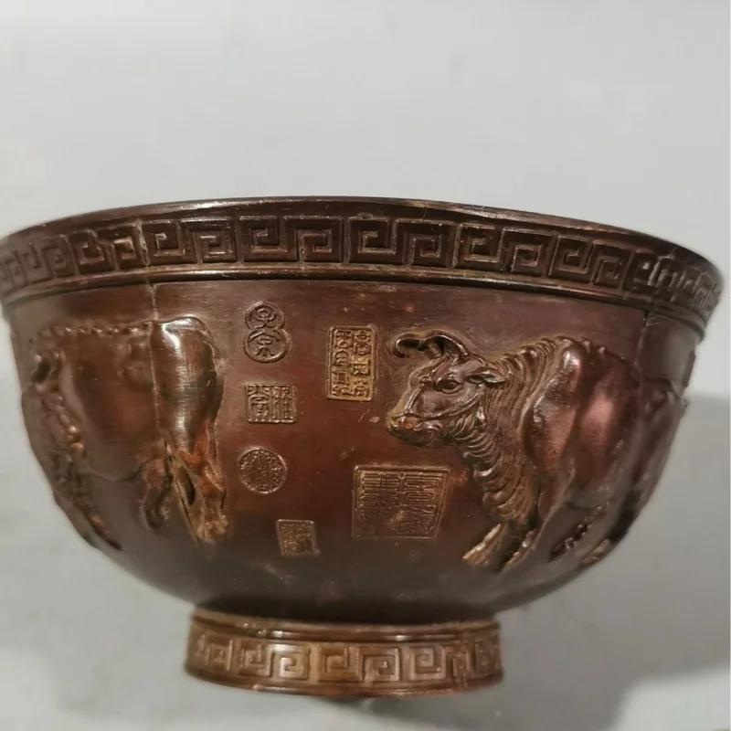 Antique Alloy Bowl Five Ox Pattern Bowl Treasure Basin Wealth-Attracting Old Object Home Decor Ornament