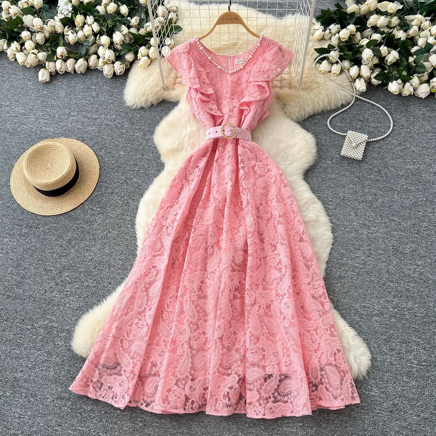 

2025 Summer Beaded V-neck Ruffled Stitching Sleeveless Dress Belt Waist A-Line Lace Dress Casual Beach Boho Long Women Vestidos