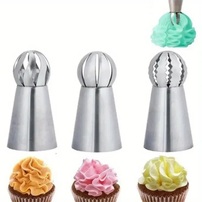 3pcs Stainless Steel Russian Pipping Tips,Torch Russian Icing Nozzle for Frosting, Cupcake Cake Decorating, Kitchen Baking Tools