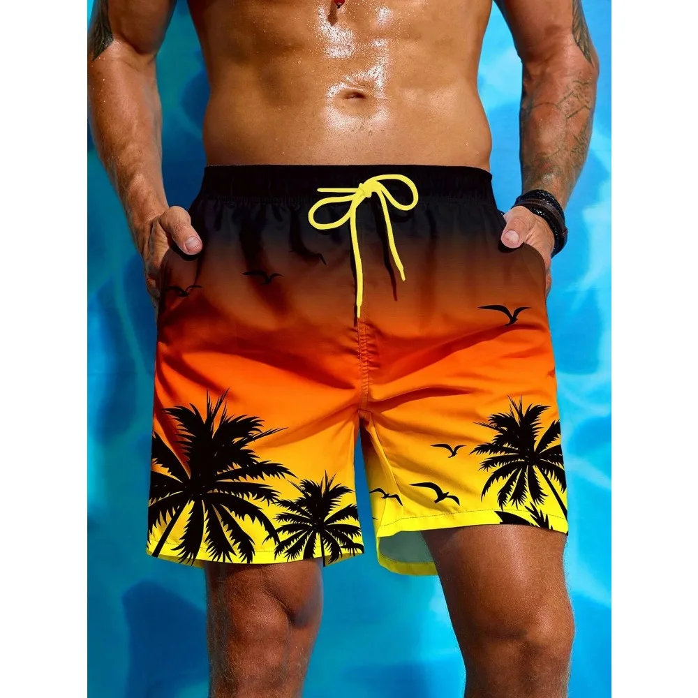 Summer Vacation Men\'s Palm Tree Print Drawstring Waist Board Shorts Fashion Swim Trunks 3D Print Breathable Short Streetwear