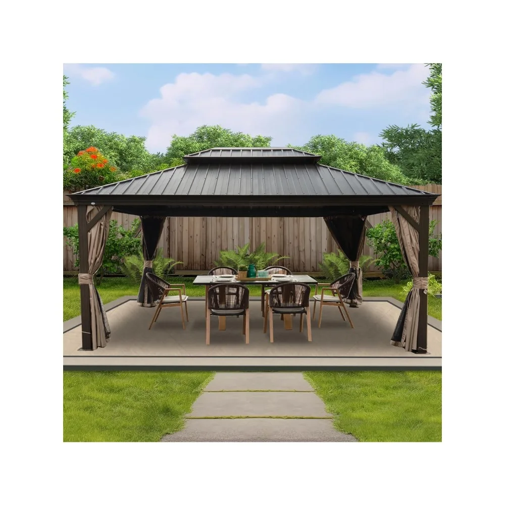 12‘ X 16’ Hardtop Aluminum Permanent Gazebo with a Mosquito Net and Privacy Sidewalls, Permanent Gazebo Pavilion for Patio