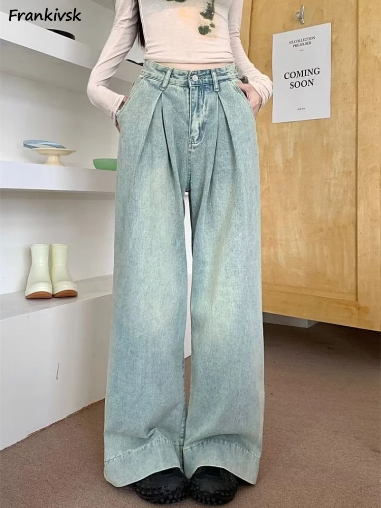 Women Jeans Retro Baggy Mops Pantalones Denim Elegant  European Streetwear Schoolgirl Draping Wide Leg Trousers Simple Leisure