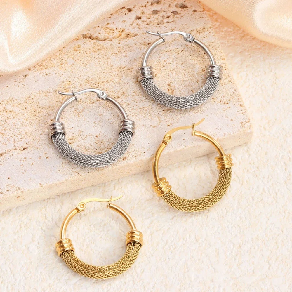 1 Pair Stainless Steel Twisted Hollow Mesh Hoop Earrings Gold Plated Round Earrings Women\'s Jewelry Accessories Wholesale