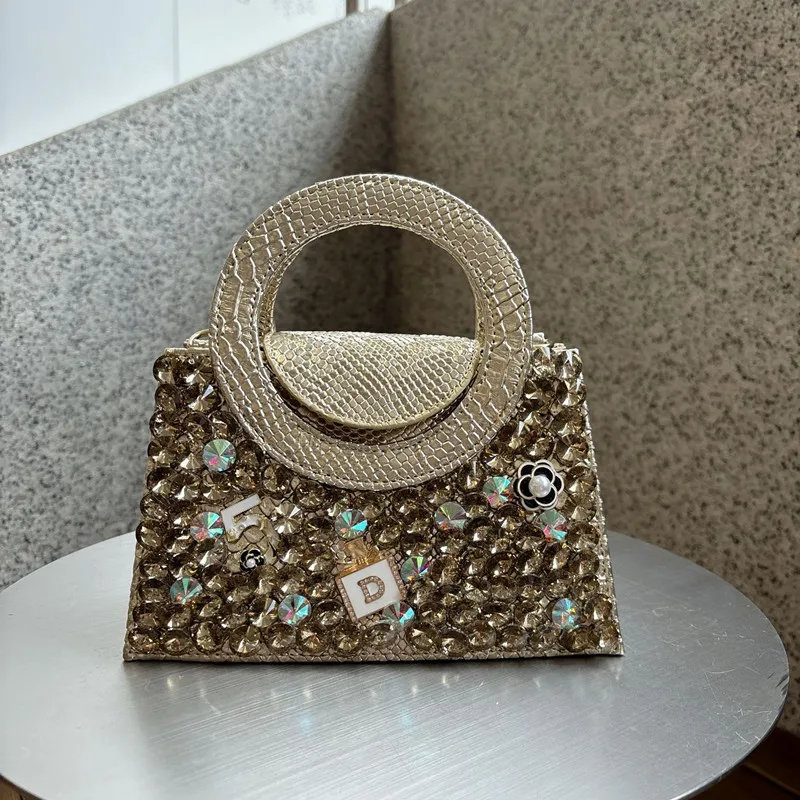 

2025 Luxury Snake print Women Round Handle Diamond Handbags Fashion Designer Rhinestone Serpentine Evening Bag Shoulder Bag