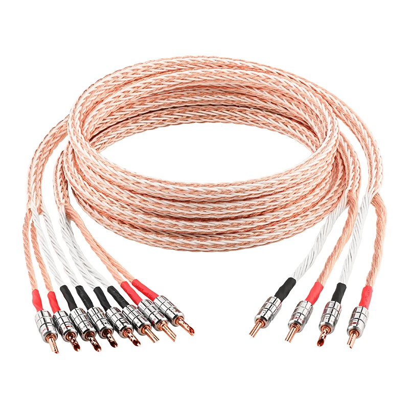 One Pair HiFi OCC Speaker Cable Hi-Fi Dual-Wire Bi-Wiring Banana Plugs Main Speaker Cable 2 to 4 Audio Connection Cable