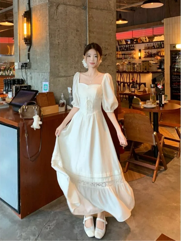 

plus Size Women's Bubble Sleeve Dress Lace Hollow out Belted Slimming Midi Skirt Commute Style High Waist A-Line Dress