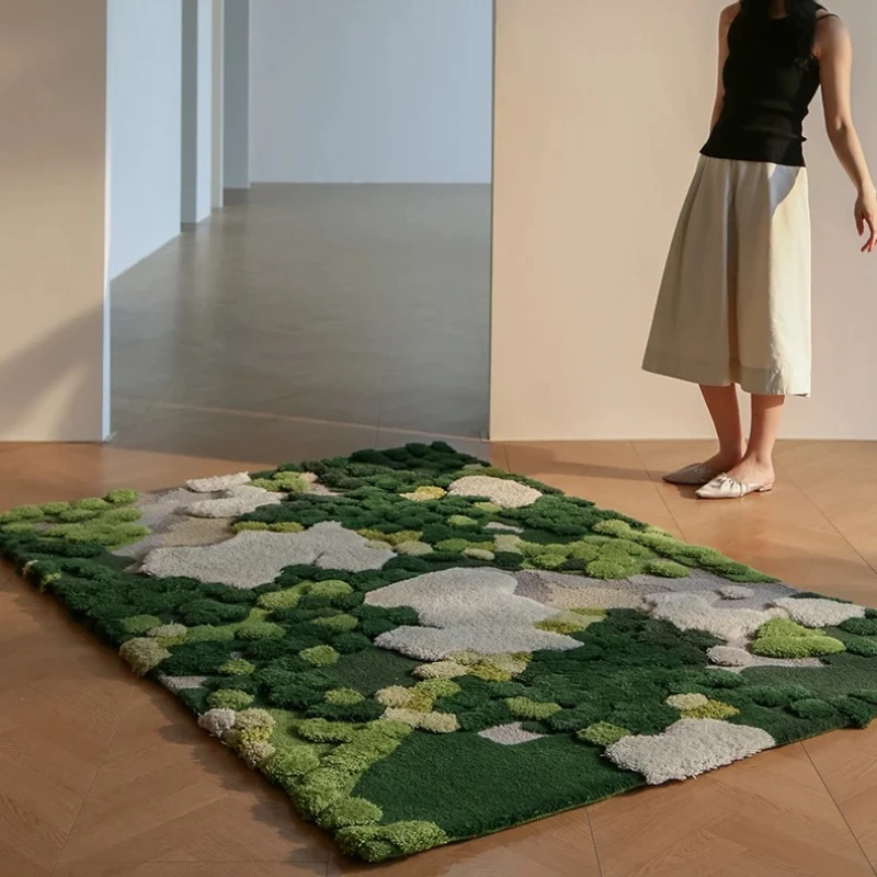 Handmade wool forest moss green carpet living room large carpet fiber art high value bedside blanket