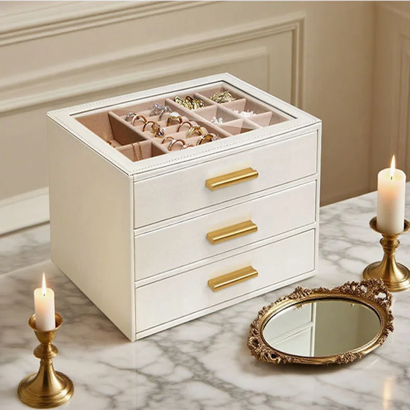 High-quality PU Leather Three-layer Drawer-style Jewelry Storage Box Large Capacity Storing Earrings Necklaces Rings Bracelets