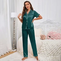 Satin Pajama For Women Home Clothes Pajamas Autumn Short Sleeve Turn-down Collar Tops & Pants Sleepwear 2 Piece Set Pyjama Femme - Image 5