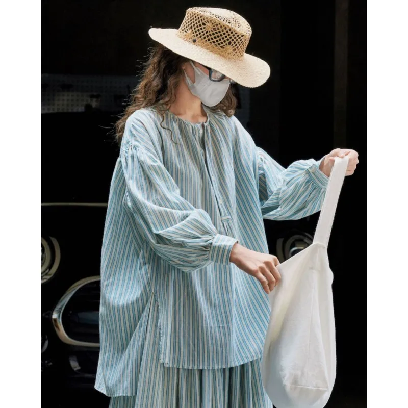 Johnature Summer New Striped Lantern Sleeve Shirt Loose Comfortable Sun-protective Pure Cotton Casual Pullover Blouses For Women