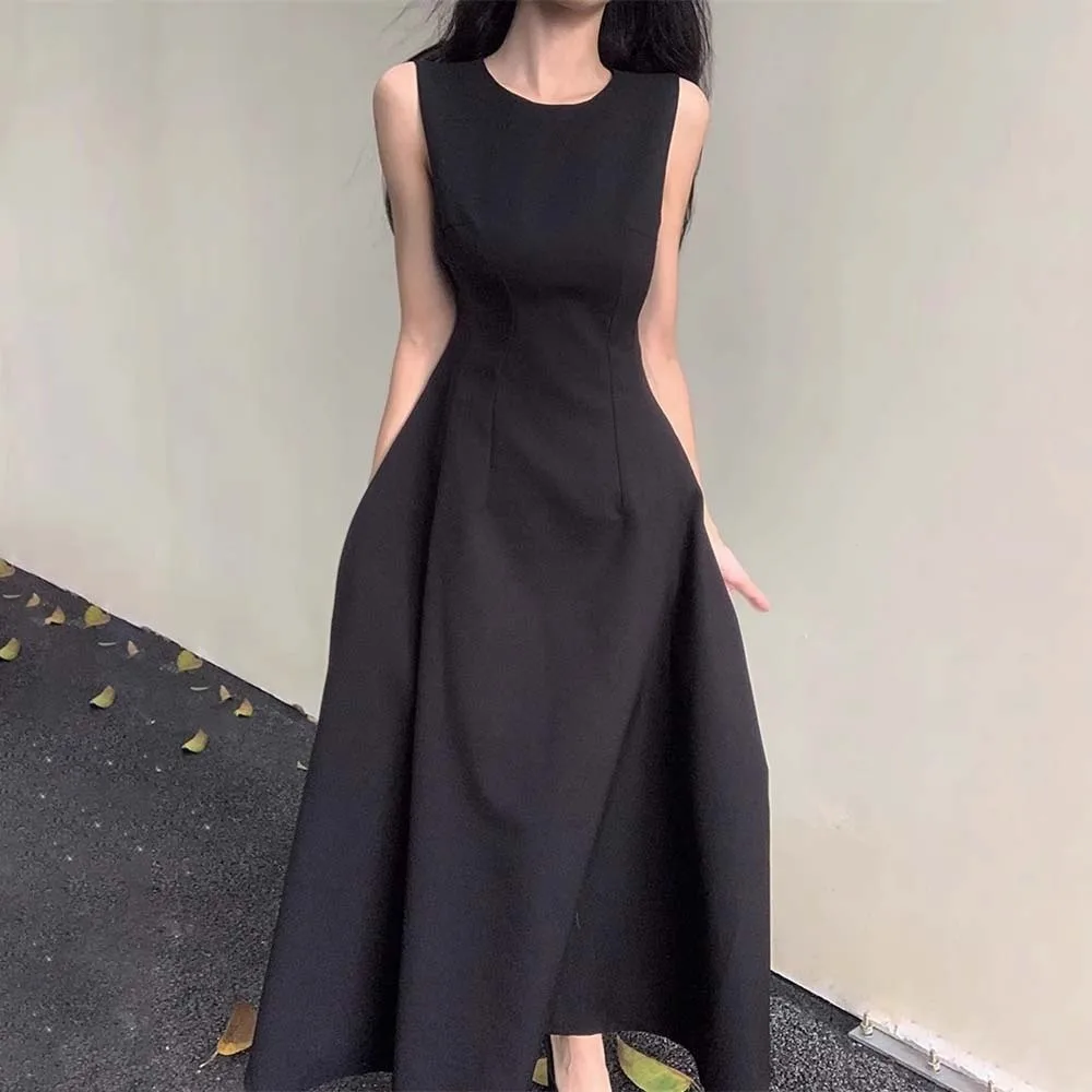 

U Neck Sleeveless Long Dress Sleeveless Vest Elegant Solid Color Long Skirt Temperament Long Women Korean Dress Party