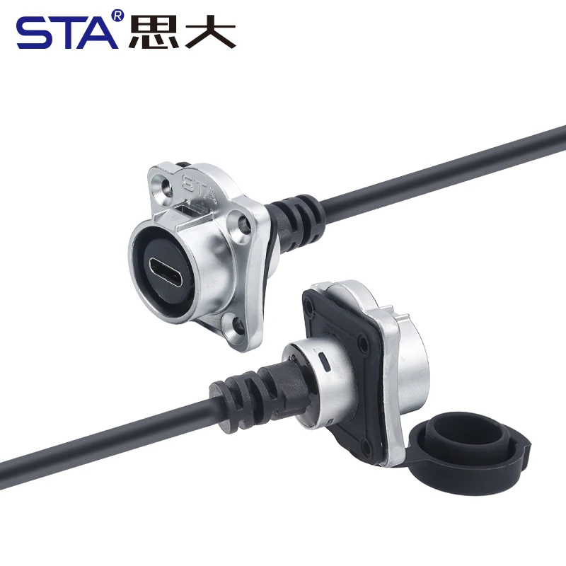 Type C 3.1 Waterproof CabConnector IP68 Fmeale to Male Aviation Plug LED Display Data Signal Square Flange Socket Adaptor
