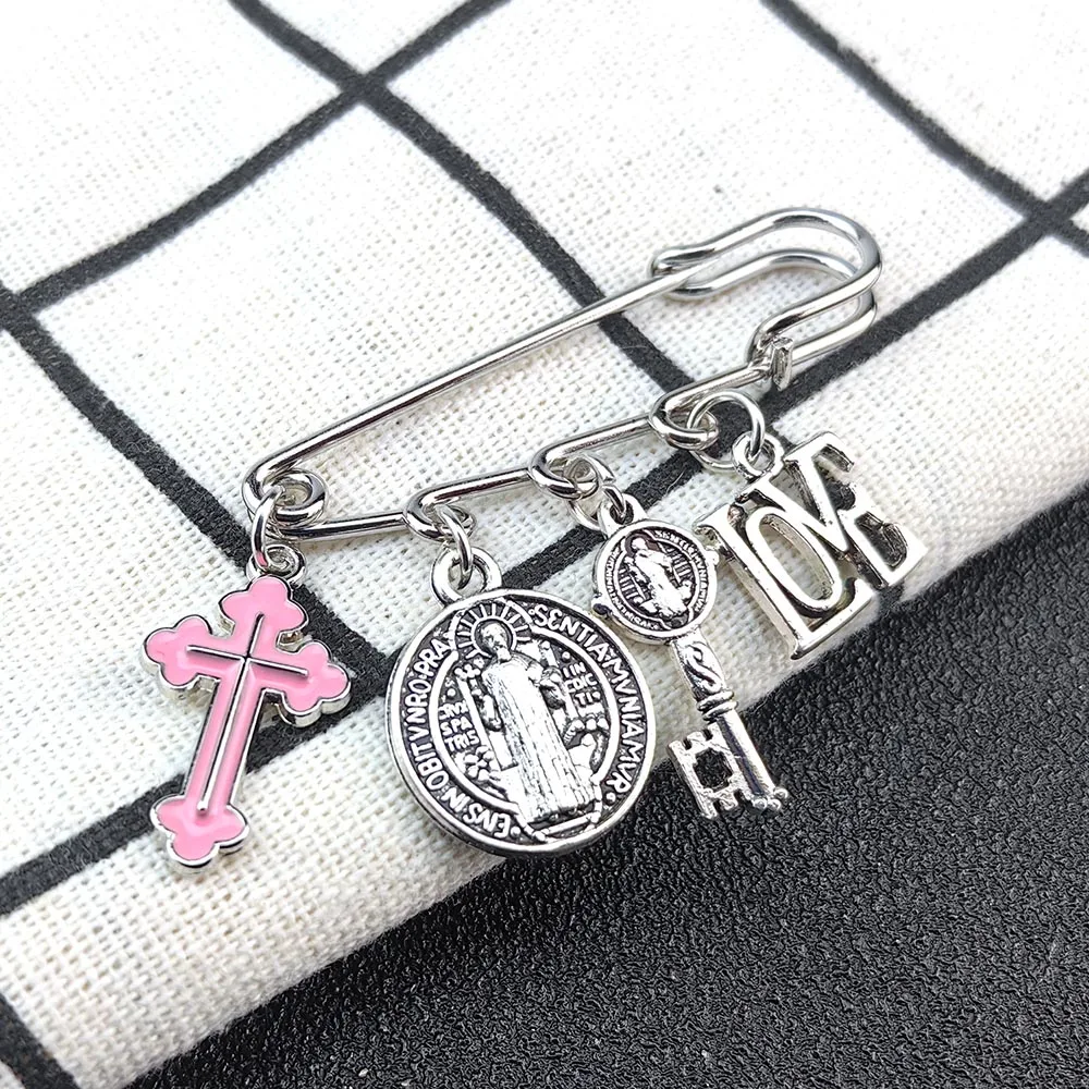 Saint Benedict Medallion Catholic San Benito Paperclip Brooch Charm Buckle Pin Safety Pin I LOVE JESUS Jewelry Accessories Gifts