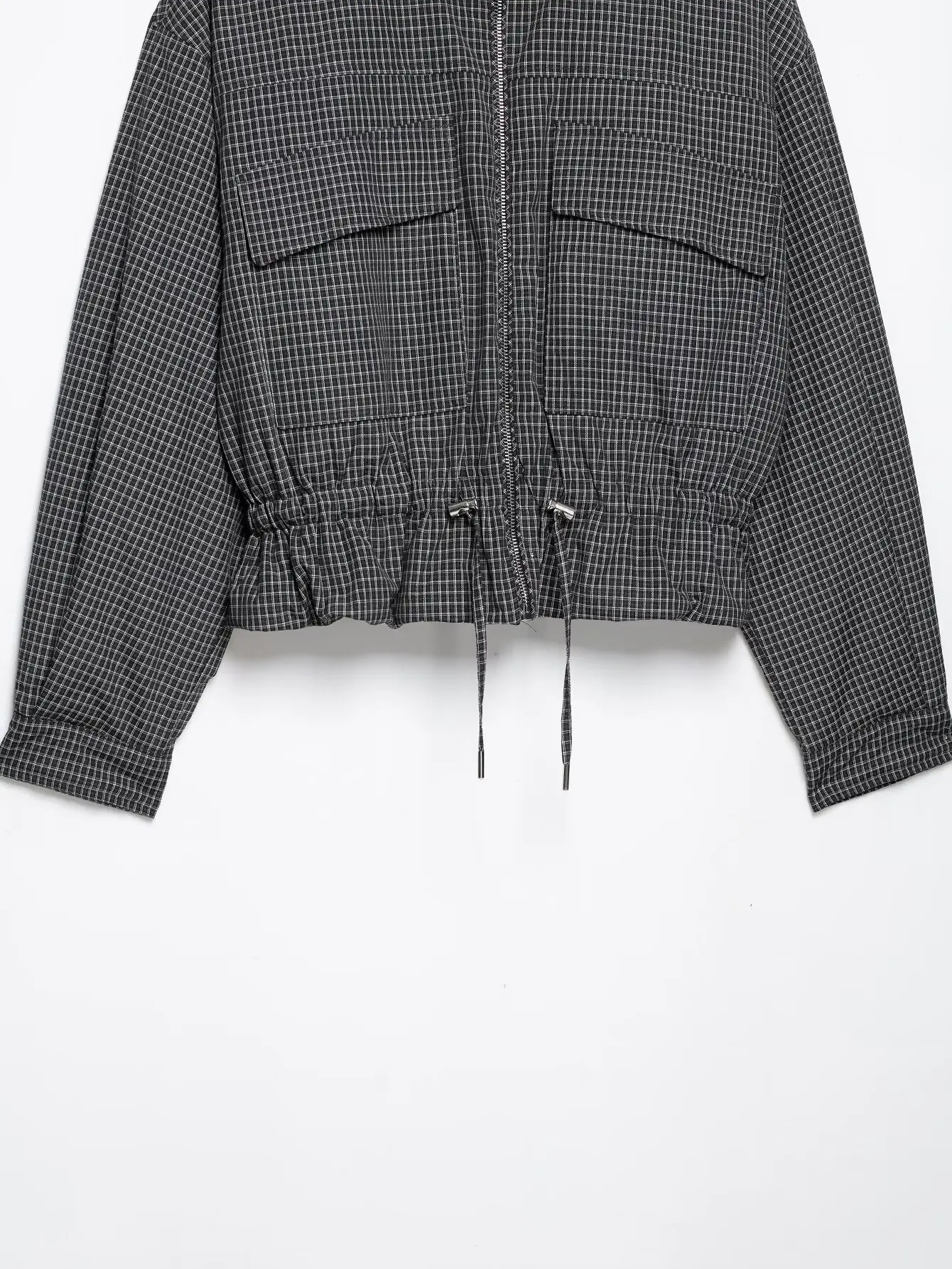 TFMLN Karierte Stehkragenjacke für Damen, kurze Baumwolljacke mit Kordelzug in der Taille, Taschen, locker geschnittene Langarm-Oberbekleidung, neu. – Detail 7