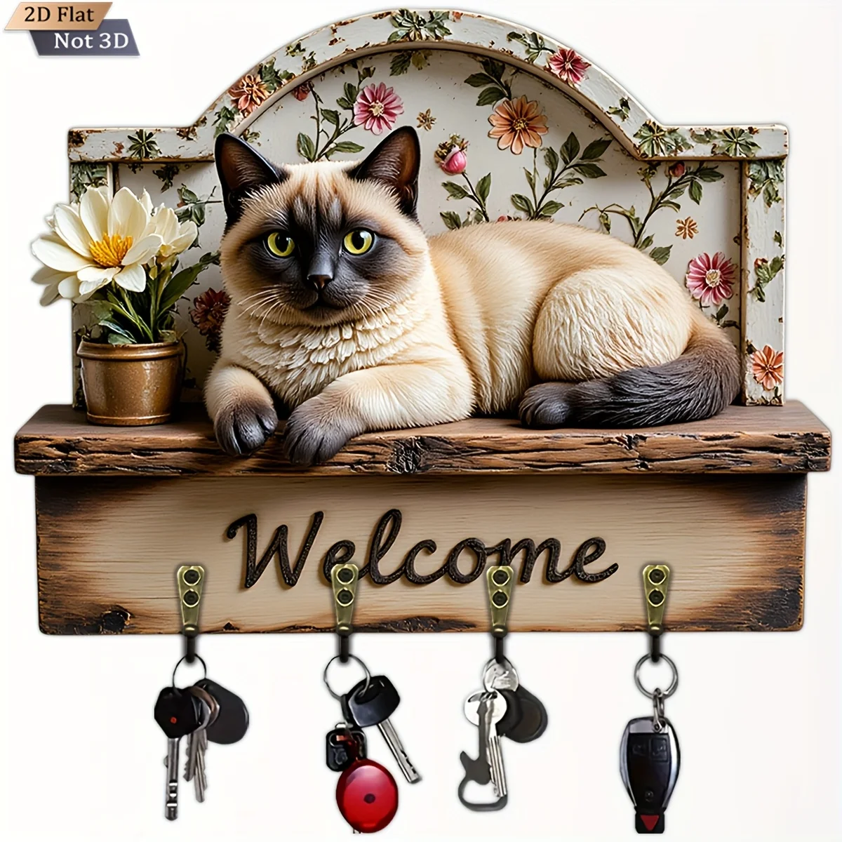 2D Flat, 1pc, Pastoral style cat-shaped floral key hook, wooden multifunctional home key rack, with four metal hooks, wall