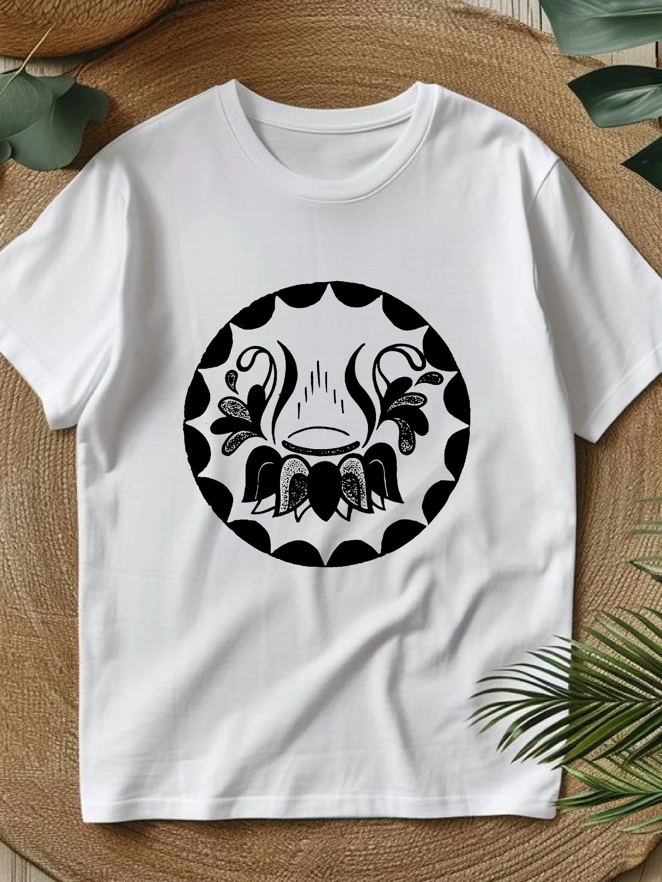 

Women's T-shirts Chinese style Crewneck Basic Oversize Tee Couple Casual 100% cotton Circular Floral Design Print printed te