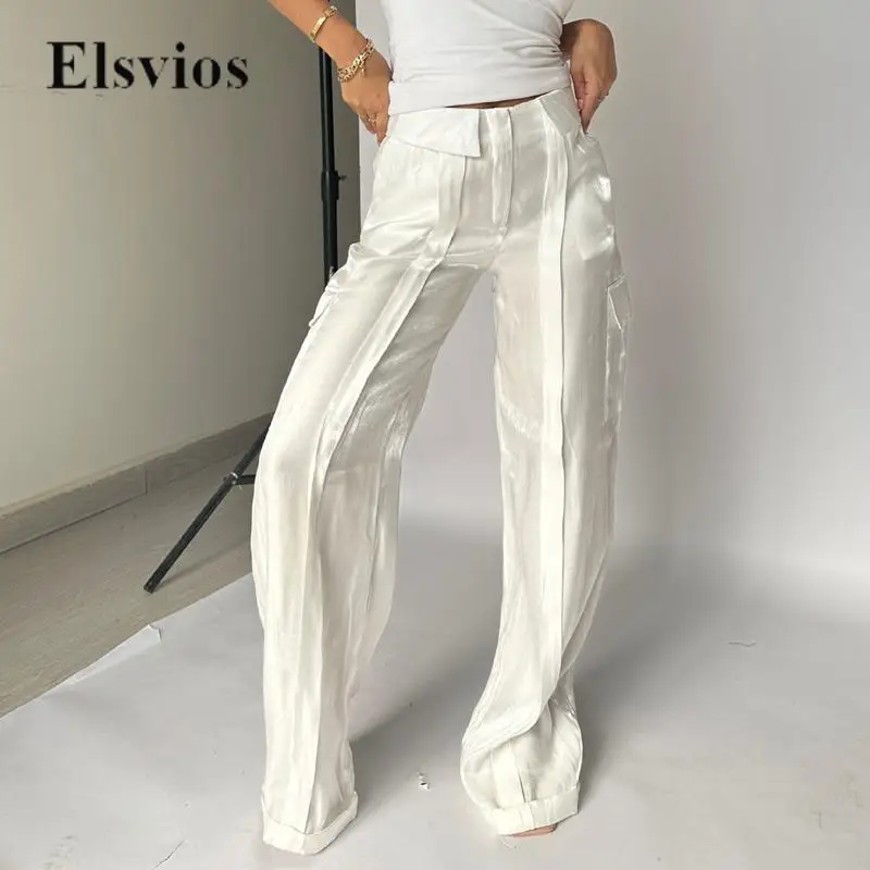 Women Vintage Color Silky Wide Leg Pants Fashionable Casual Loose Pocket Cargo Pants 2024 Spring Tie-up Street Straight Trousers