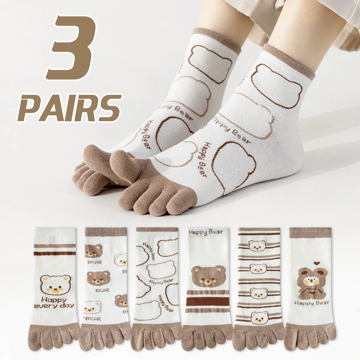 

3-Pair Women's Cotton Four Seasons Cartoon Cute Bear Stripe Sweet College Style Comfortable Breathable Five Toe Socks